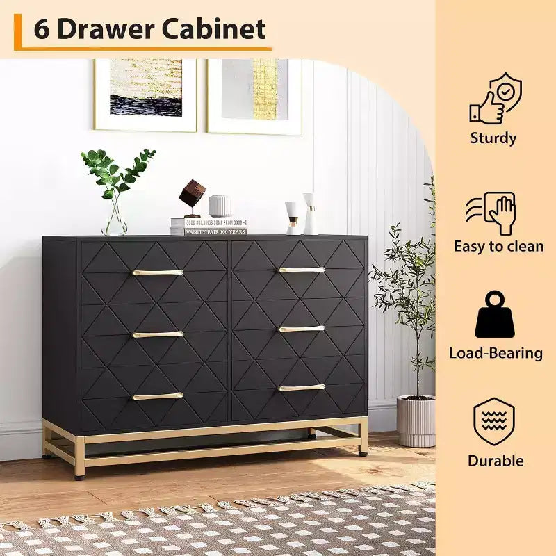 Meuble TV moderne en bois à 6 tiroirs, Console multimédia avec rangement pour chambre, salon, entrée, couloir, chambre d'enfant, meuble TV.