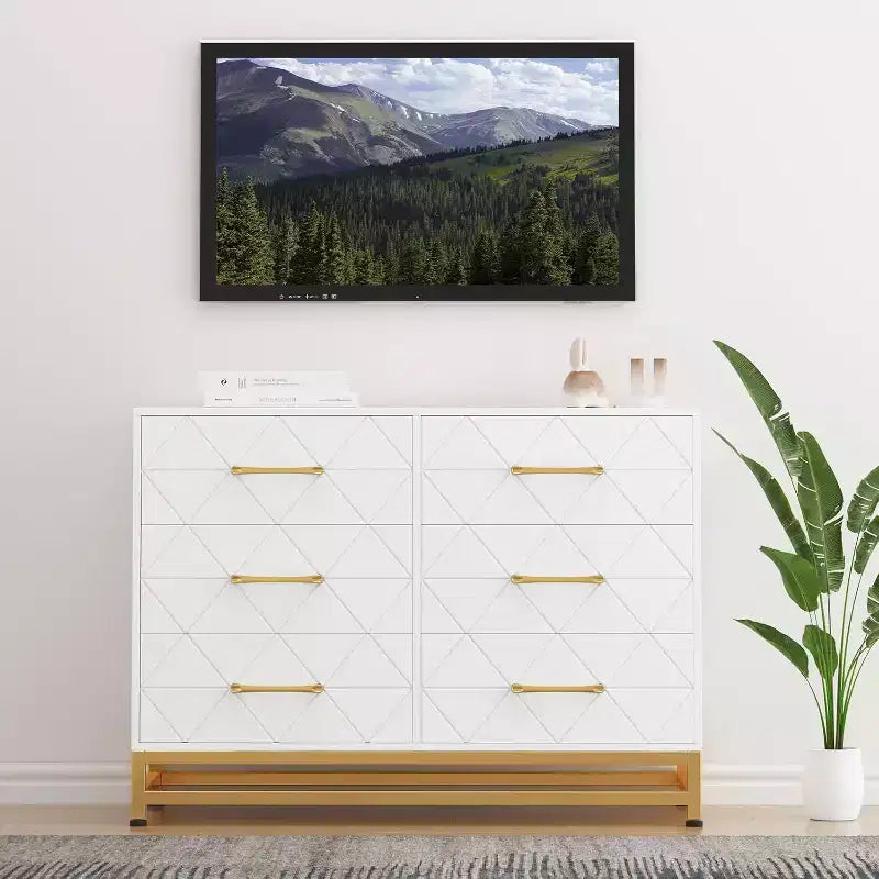 Meuble TV moderne en bois à 6 tiroirs, Console multimédia avec rangement pour chambre, salon, entrée, couloir, chambre d'enfant, meuble TV.
