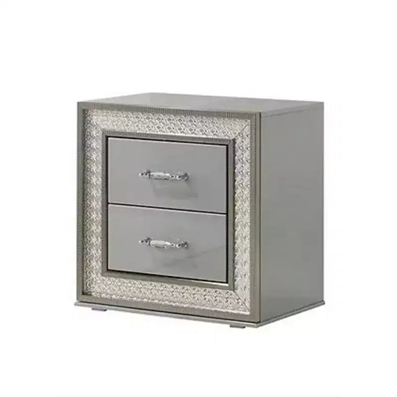 Table de chevet avec 2 tiroirs, moulure en écaille, bois gris métallique