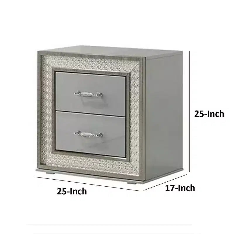 Table de chevet avec 2 tiroirs, moulure en écaille, bois gris métallique