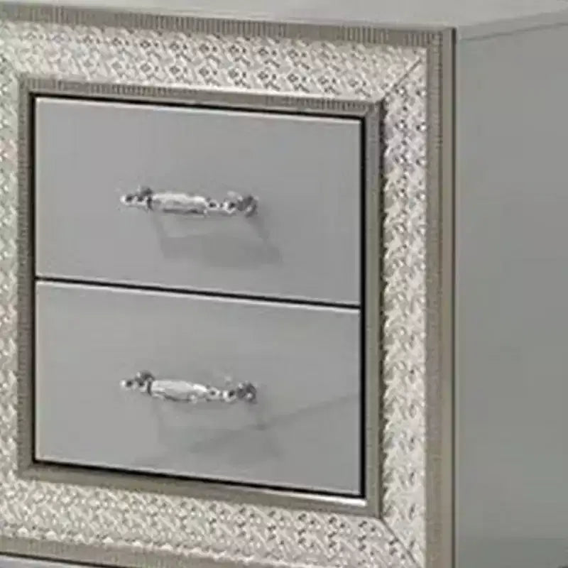 Table de chevet avec 2 tiroirs, moulure en écaille, bois gris métallique