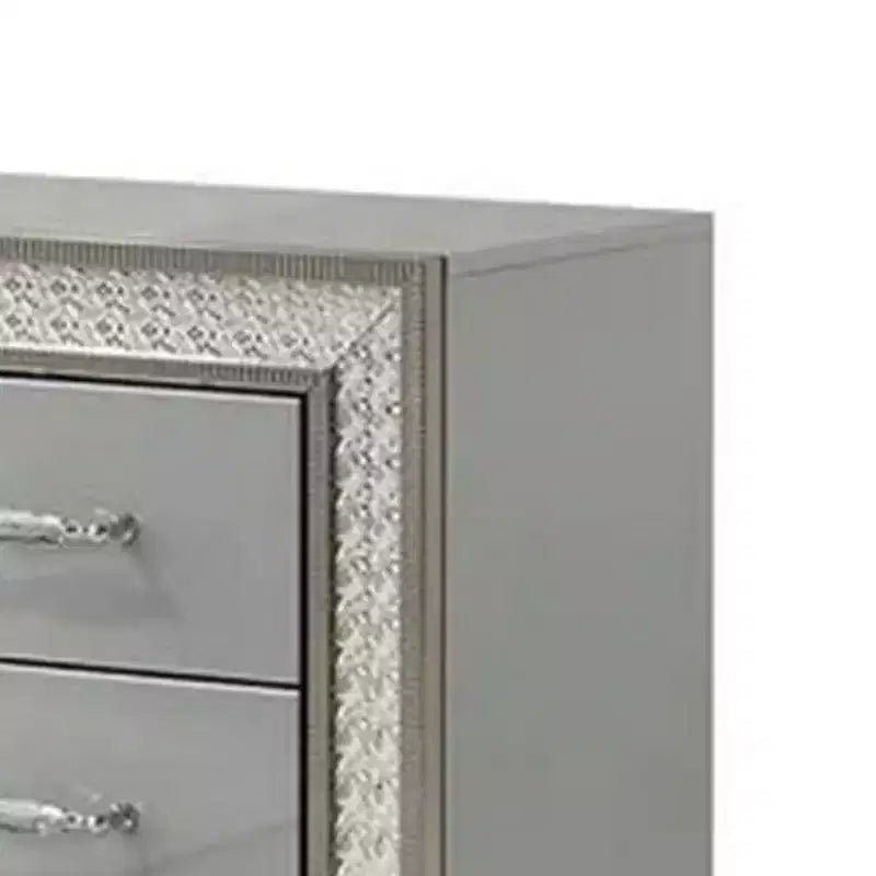 Table de chevet avec 2 tiroirs, moulure en écaille, bois gris métallique