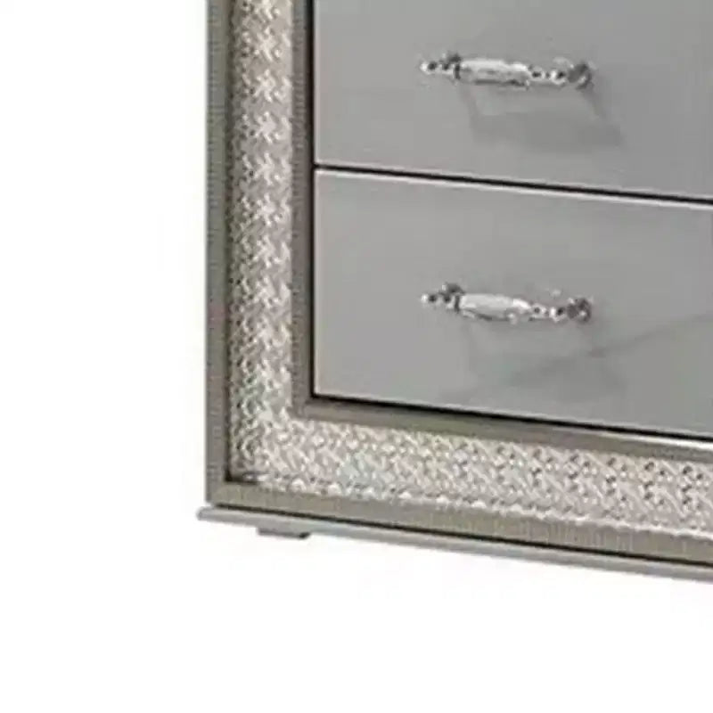 Table de chevet avec 2 tiroirs, moulure en écaille, bois gris métallique