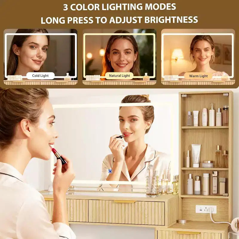 Coiffeuse cannelée 48 po avec miroir LED 36, 3 modes d'éclairage et prises intégrées, Chêne