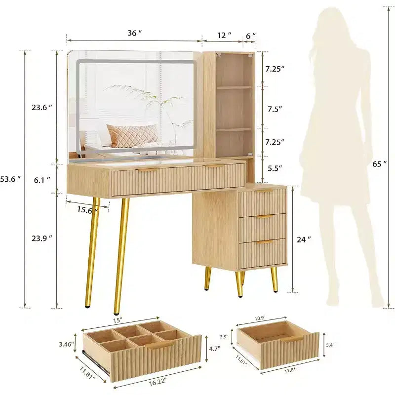 Coiffeuse cannelée 48 po avec miroir LED 36, 3 modes d'éclairage et prises intégrées, Chêne