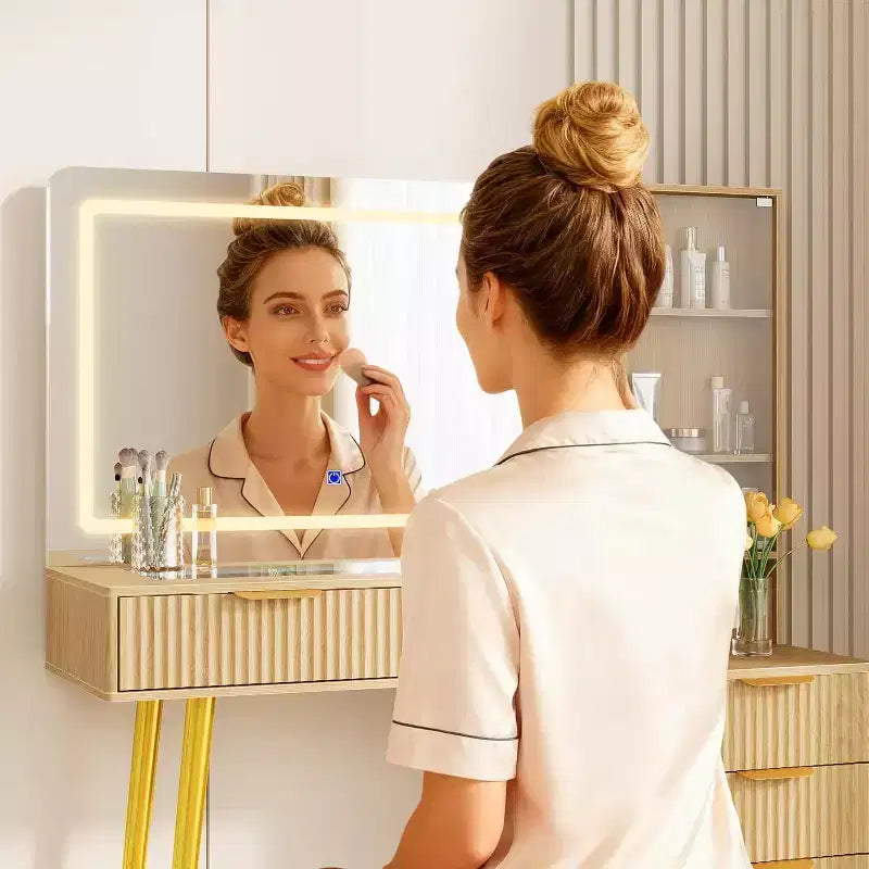 Coiffeuse cannelée 48 po avec miroir LED 36, 3 modes d'éclairage et prises intégrées, Chêne