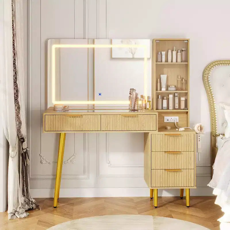 Coiffeuse cannelée 48 po avec miroir LED 36, 3 modes d'éclairage et prises intégrées, Chêne