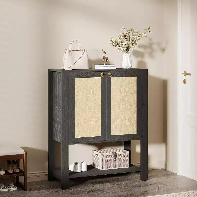 Meuble à chaussures en rotin, meuble de rangement pour chaussures de 101,6 cm de haut avec étagères réglables et étagère ouverte pour entrée, chêne gris