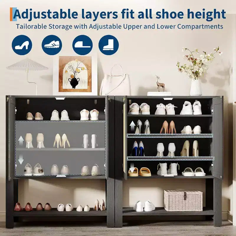 Meuble à chaussures en rotin, meuble de rangement pour chaussures de 101,6 cm de haut avec étagères réglables et étagère ouverte pour entrée, chêne gris