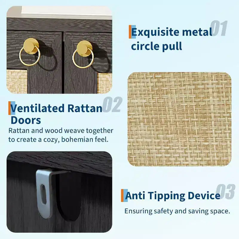 Meuble à chaussures en rotin, meuble de rangement pour chaussures de 101,6 cm de haut avec étagères réglables et étagère ouverte pour entrée, chêne gris