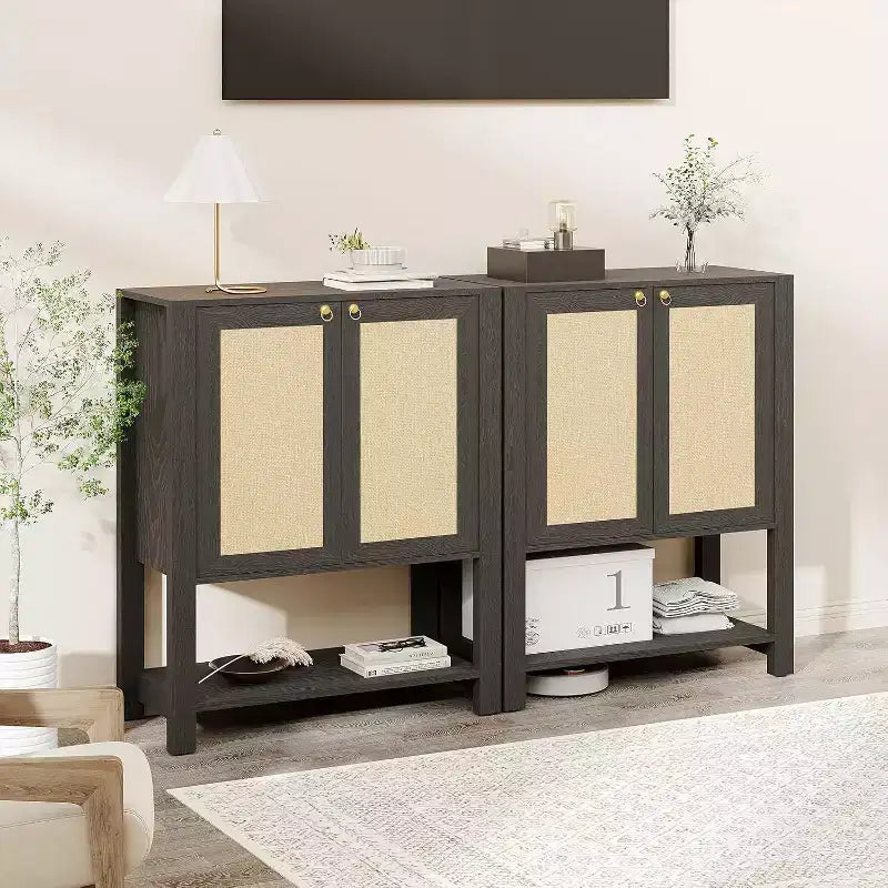 Meuble à chaussures en rotin, meuble de rangement pour chaussures de 101,6 cm de haut avec étagères réglables et étagère ouverte pour entrée, chêne gris