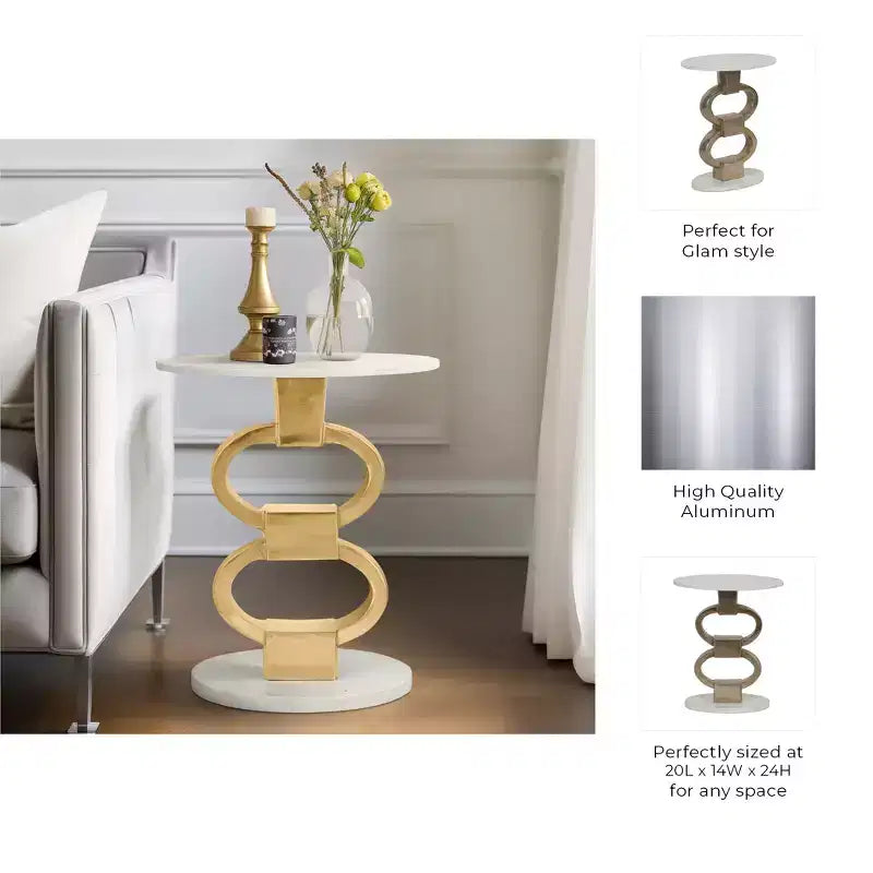 Table d'appoint moderne avec plateau en marbre blanc et base métallique sculpturale – Table d'appoint ronde contemporaine pour tout décor d'intérieur – 24, Blanc et Or