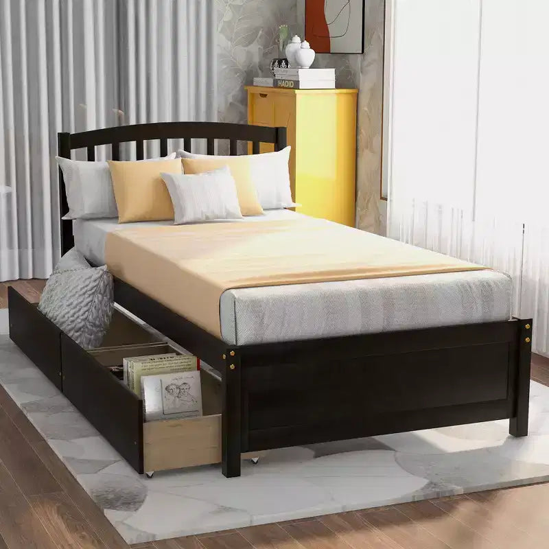 FAMYYT Twin Size Wood Platform Bed With 2 Storage Drawers, Easy Assembly