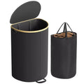 SONGMICS Laundry Hamper, Laundry Basket with Lid, 23.8 Gal. (90 L), with Removable Liner Bag, Ink Black and Light Bamboo