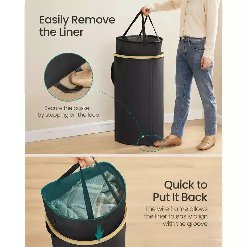 Panier à linge, panier à linge avec couvercle, 90 L, avec sac intérieur amovible, noir encre et bambou clair