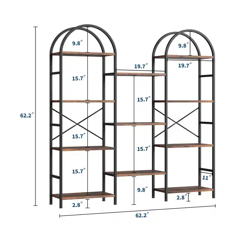 Étagère arquée triple à 4 niveaux, grande bibliothèque ouverte avec 11 étagères, cadre en métal et étagères en bois, large étagère de rangement haute pour chambre à coucher