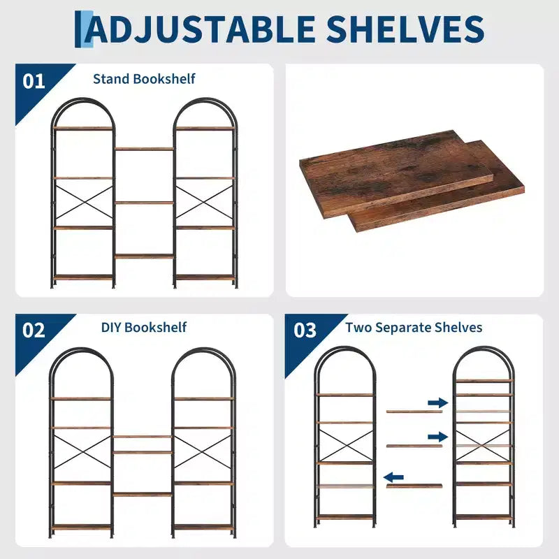Étagère arquée triple à 4 niveaux, grande bibliothèque ouverte avec 11 étagères, cadre en métal et étagères en bois, large étagère de rangement haute pour chambre à coucher