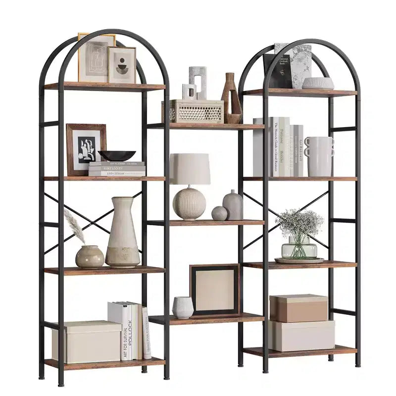 Étagère arquée triple à 4 niveaux, grande bibliothèque ouverte avec 11 étagères, cadre en métal et étagères en bois, large étagère de rangement haute pour chambre à coucher