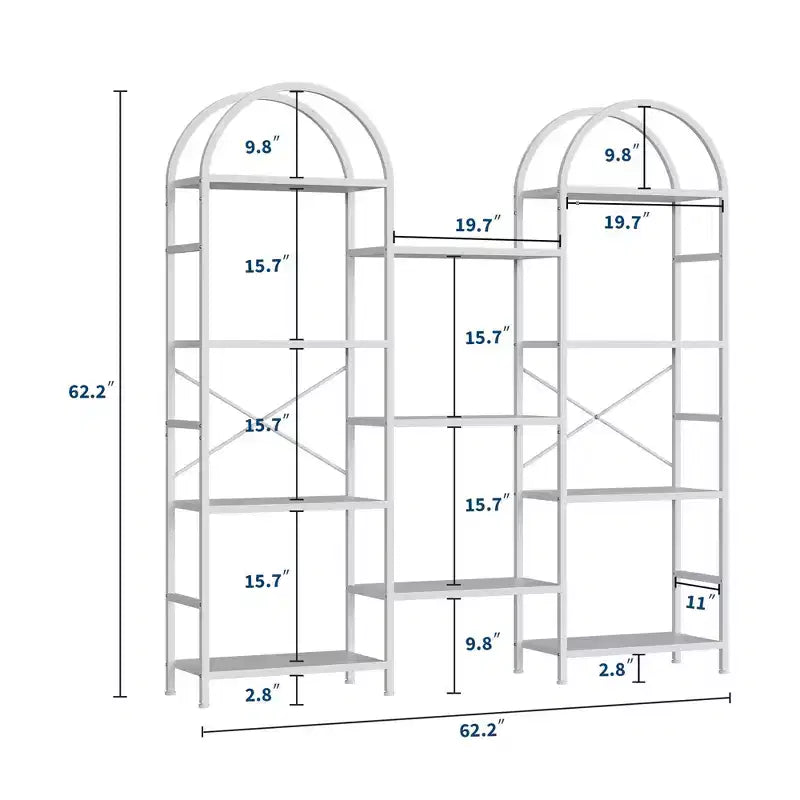 Étagère arquée triple à 4 niveaux, grande bibliothèque ouverte avec 11 étagères, cadre en métal et étagères en bois, large étagère de rangement haute pour chambre à coucher