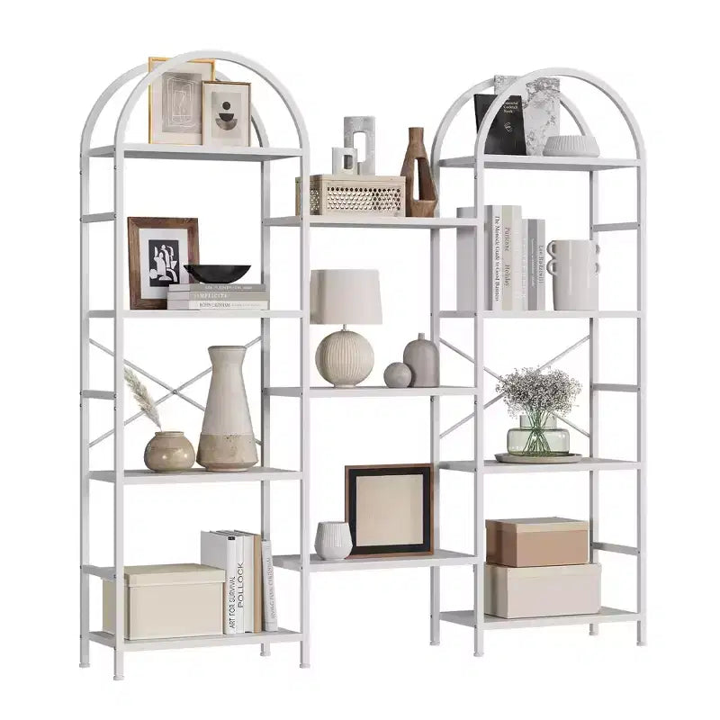 Étagère arquée triple à 4 niveaux, grande bibliothèque ouverte avec 11 étagères, cadre en métal et étagères en bois, large étagère de rangement haute pour chambre à coucher
