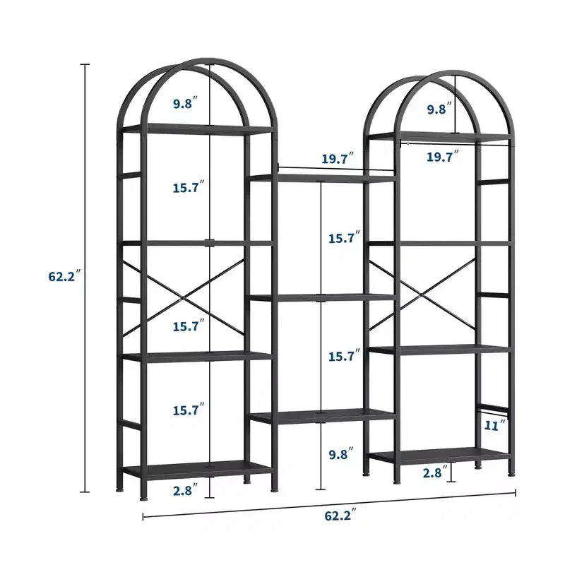 Étagère arquée triple à 4 niveaux, grande bibliothèque ouverte avec 11 étagères, cadre en métal et étagères en bois, large étagère de rangement haute pour chambre à coucher