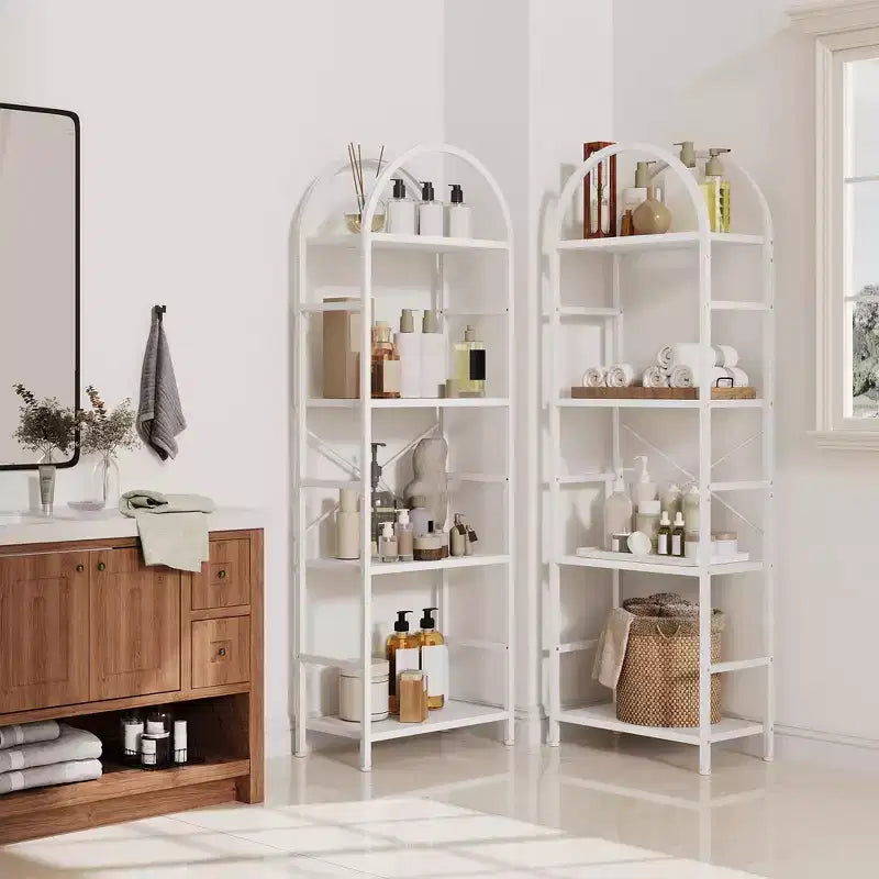 Étagère arquée triple à 4 niveaux, grande bibliothèque ouverte avec 11 étagères, cadre en métal et étagères en bois, large étagère de rangement haute pour chambre à coucher