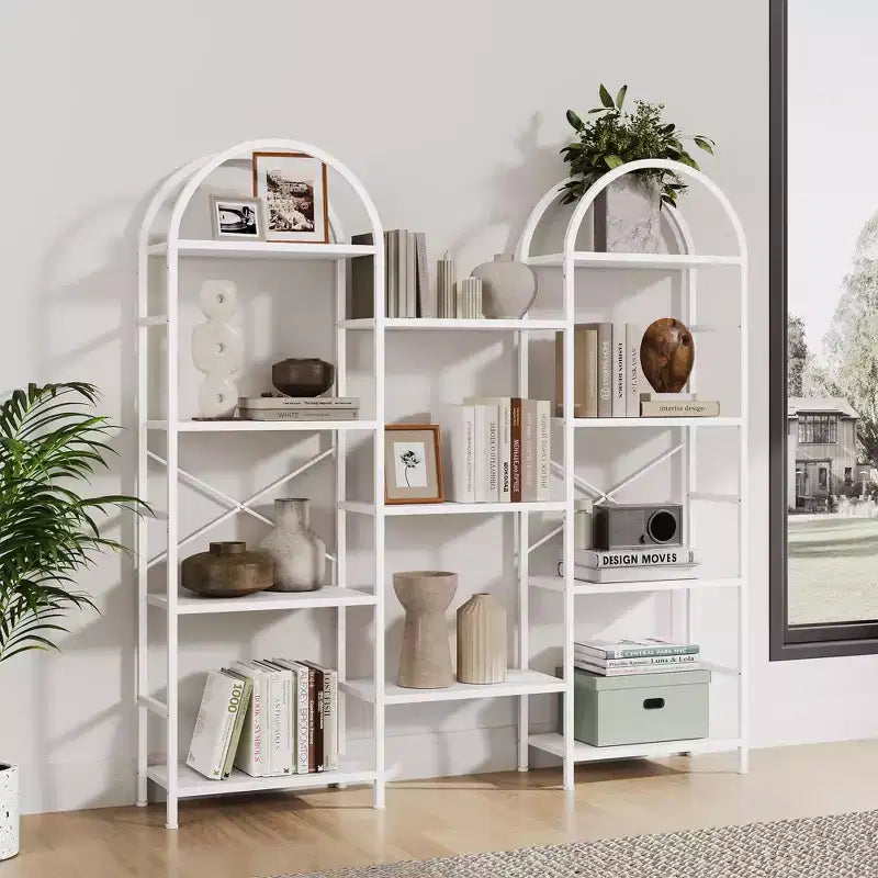 Étagère arquée triple à 4 niveaux, grande bibliothèque ouverte avec 11 étagères, cadre en métal et étagères en bois, large étagère de rangement haute pour chambre à coucher
