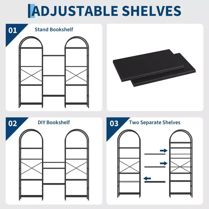 Étagère arquée triple à 4 niveaux, grande bibliothèque ouverte avec 11 étagères, cadre en métal et étagères en bois, large étagère de rangement haute pour chambre à coucher