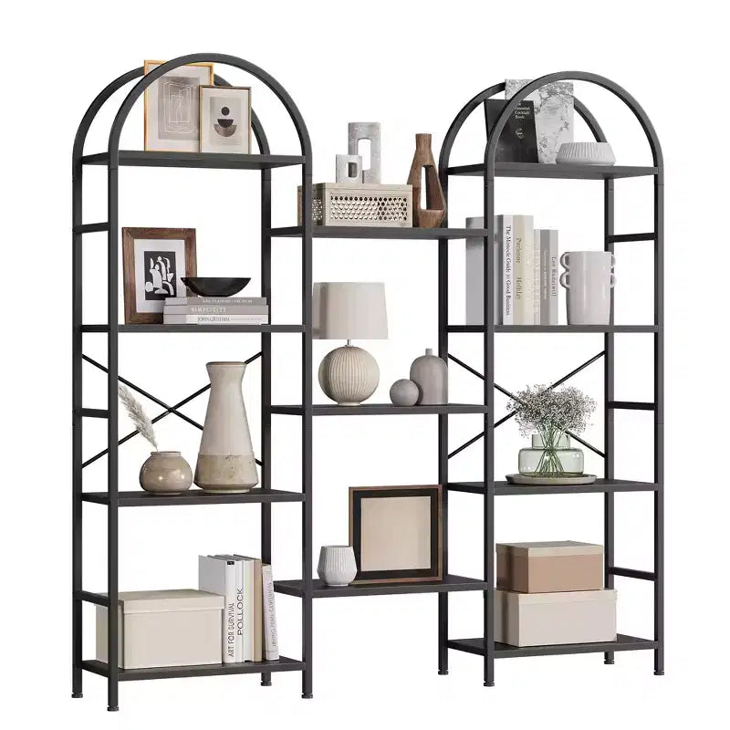Étagère arquée triple à 4 niveaux, grande bibliothèque ouverte avec 11 étagères, cadre en métal et étagères en bois, large étagère de rangement haute pour chambre à coucher