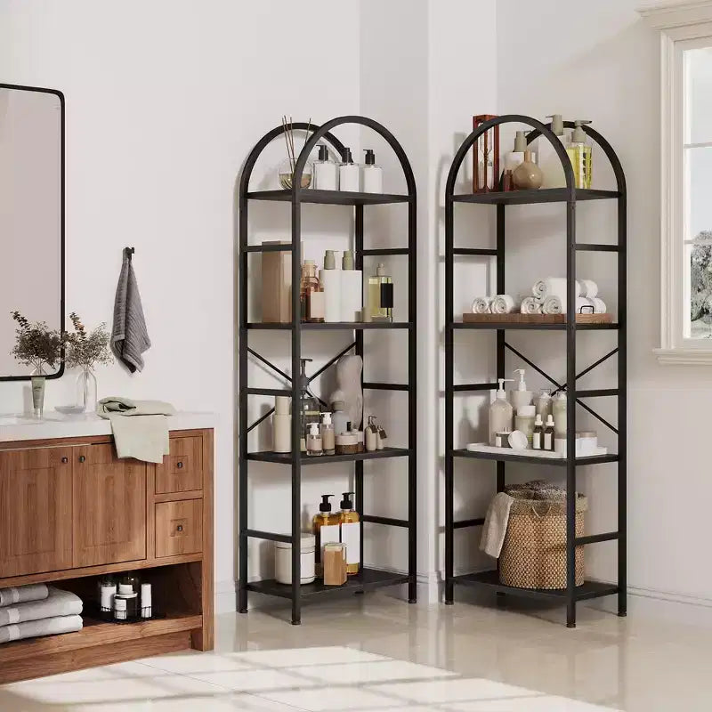 Étagère arquée triple à 4 niveaux, grande bibliothèque ouverte avec 11 étagères, cadre en métal et étagères en bois, large étagère de rangement haute pour chambre à coucher