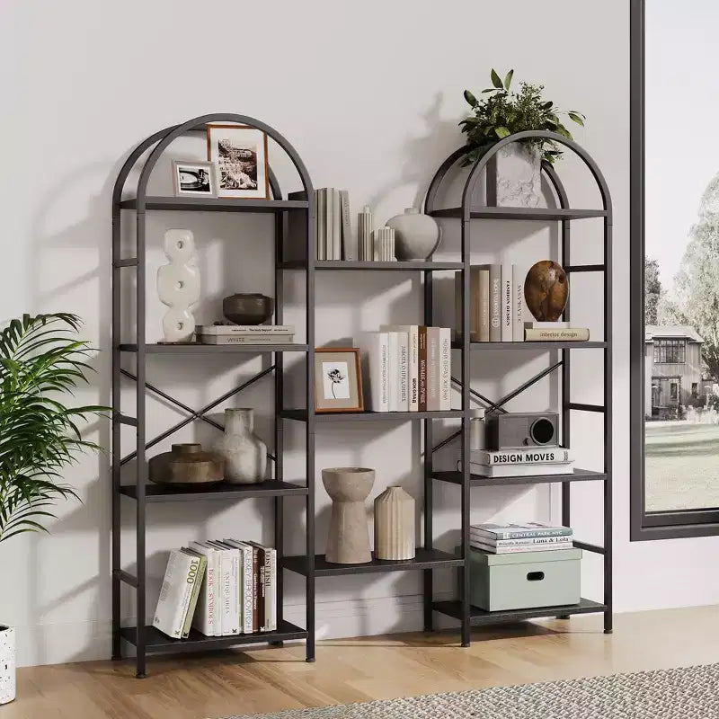 Étagère arquée triple à 4 niveaux, grande bibliothèque ouverte avec 11 étagères, cadre en métal et étagères en bois, large étagère de rangement haute pour chambre à coucher