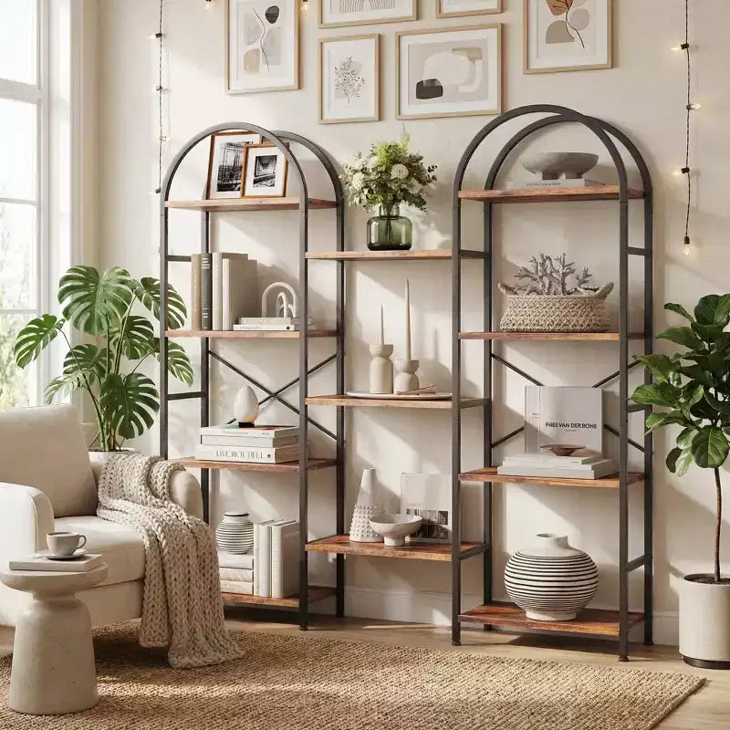 Étagère arquée triple à 4 niveaux, grande bibliothèque ouverte avec 11 étagères, cadre en métal et étagères en bois, large étagère de rangement haute pour chambre à coucher