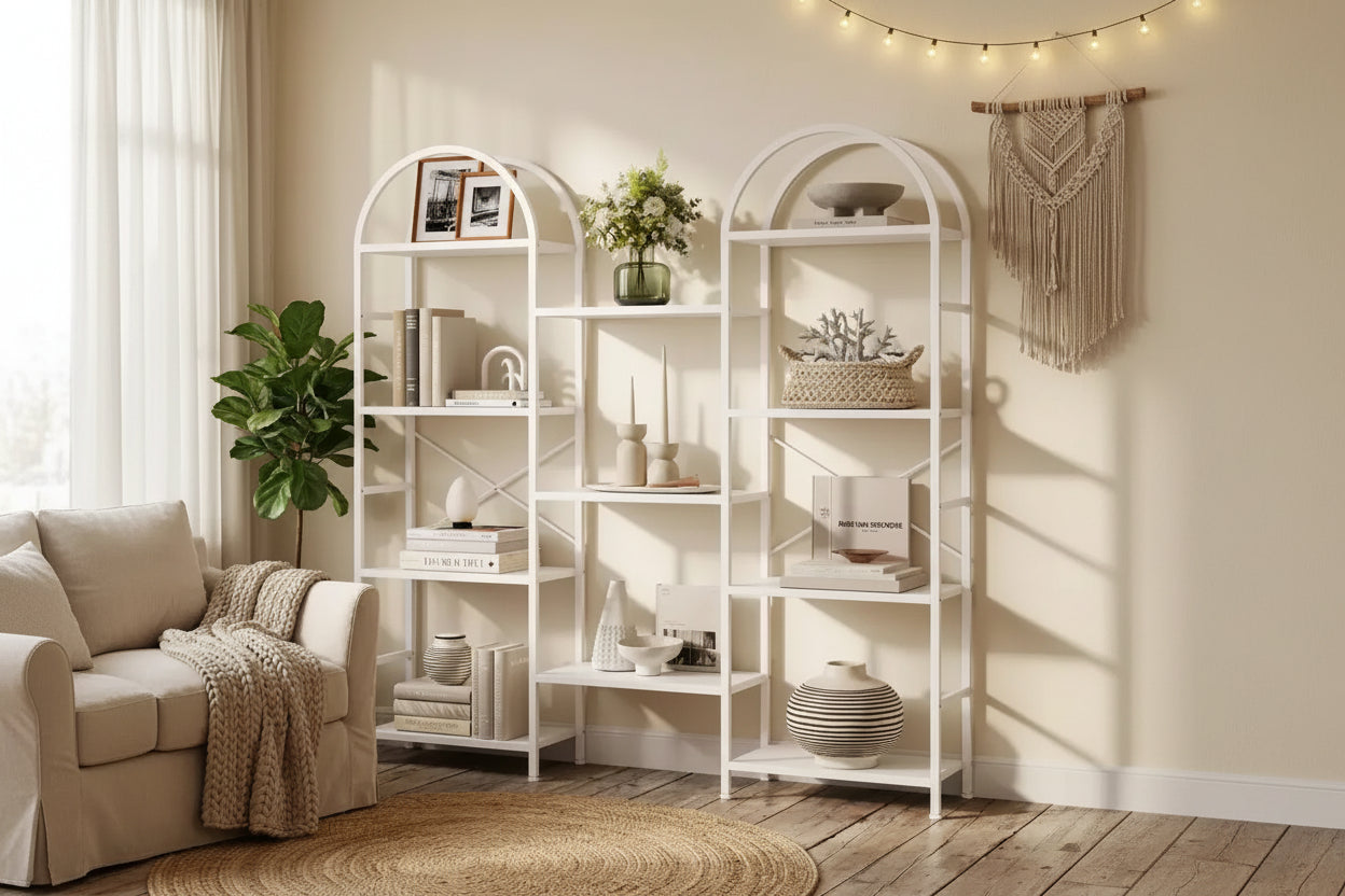 Étagère arquée triple à 4 niveaux, grande bibliothèque ouverte avec 11 étagères, cadre en métal et étagères en bois, large étagère de rangement haute pour chambre à coucher