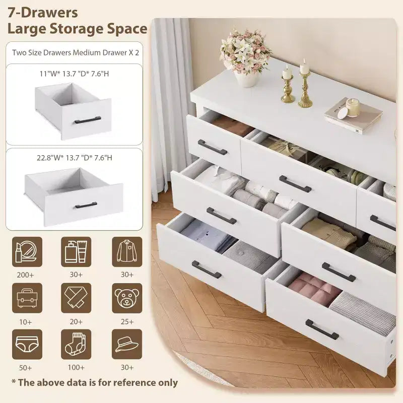 Commode moderne à 7 tiroirs, en bois avec poignées en métal, grande capacité de rangement, idéale pour la chambre, le salon, le couloir, la chambre de bébé