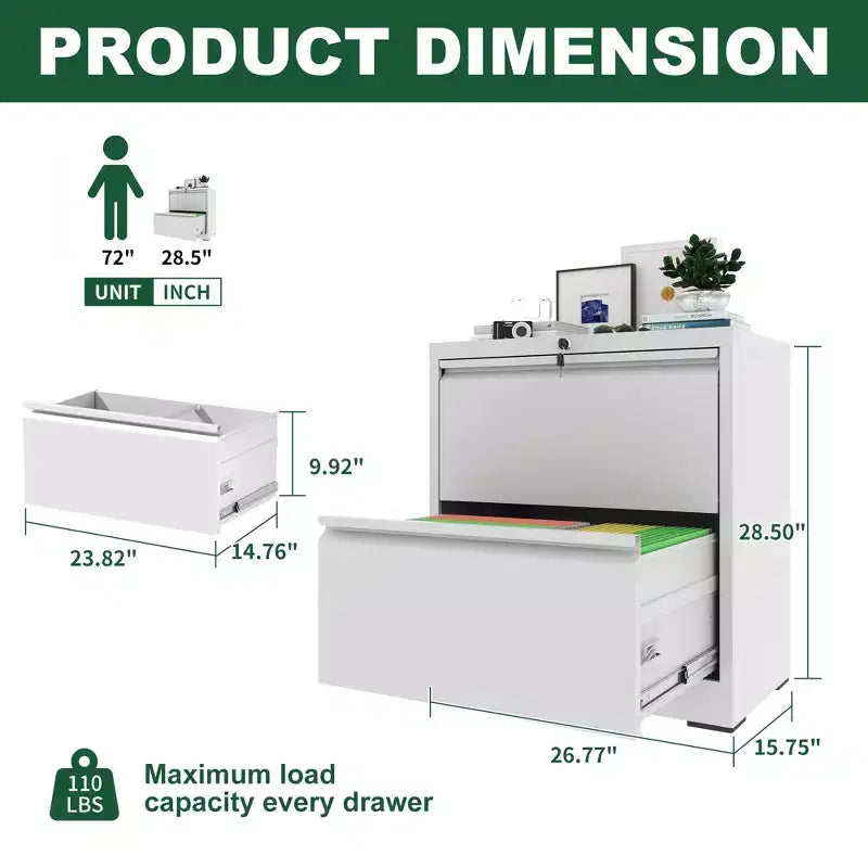 Meuble de rangement horizontal en métal à 2 tiroirs avec serrure, classeur latéral en acier large