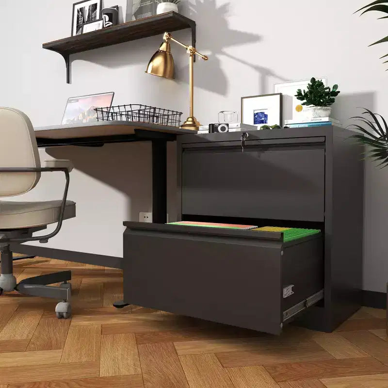 Meuble de rangement horizontal en métal à 2 tiroirs avec serrure, classeur latéral en acier large