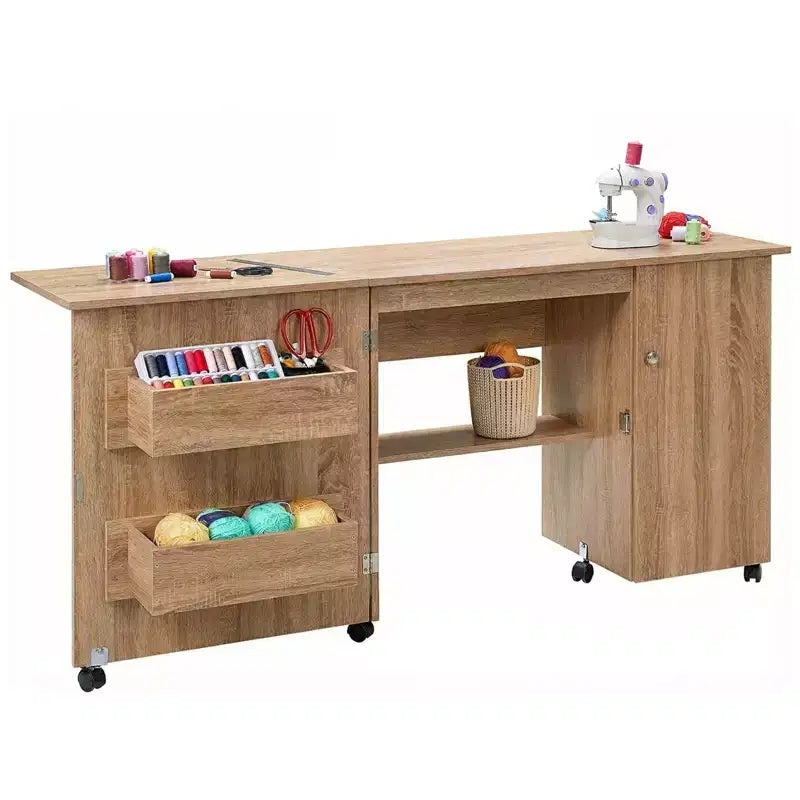 Table de couture pliante avec rangement, grande table pour machine à coudre avec étagères et roulettes verrouillables, bureau d'artisanat multifonctionnel pour la maison et l'atelier