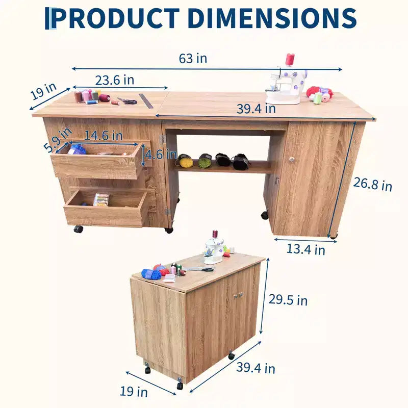 Table de couture pliante avec rangement, grande table pour machine à coudre avec étagères et roulettes verrouillables, bureau d'artisanat multifonctionnel pour la maison et l'atelier