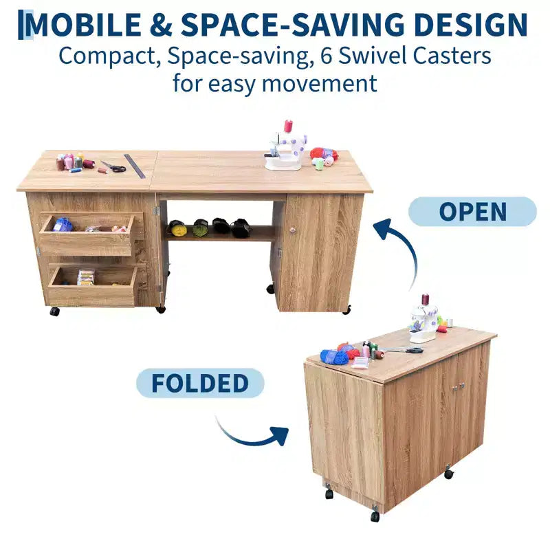 Table de couture pliante avec rangement, grande table pour machine à coudre avec étagères et roulettes verrouillables, bureau d'artisanat multifonctionnel pour la maison et l'atelier
