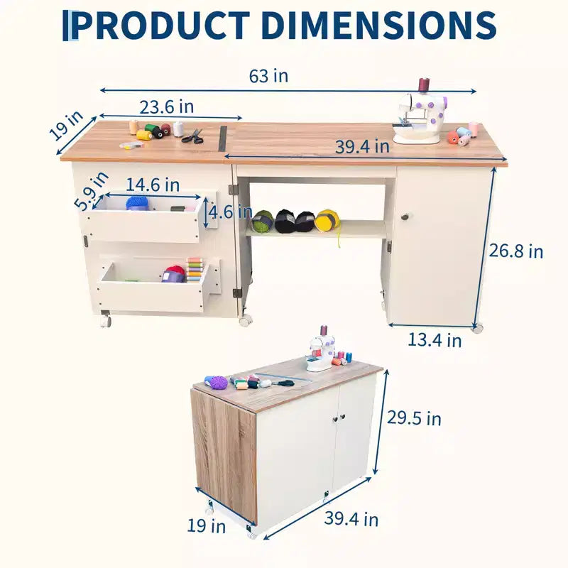 Table de couture pliante avec rangement, grande table pour machine à coudre avec étagères et roulettes verrouillables, bureau d'artisanat multifonctionnel pour la maison et l'atelier