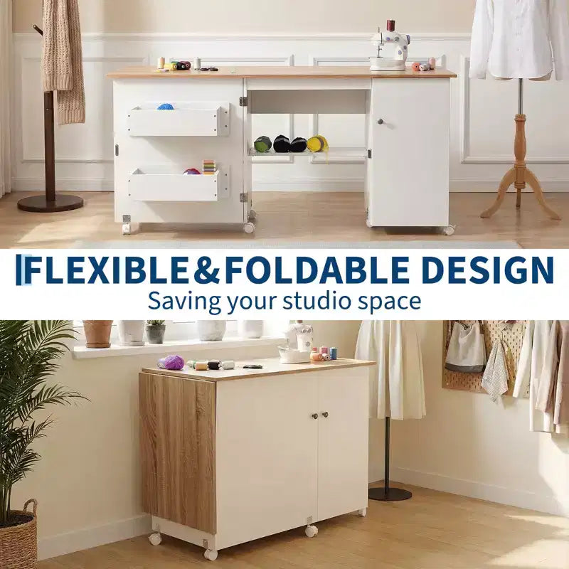 Table de couture pliante avec rangement, grande table pour machine à coudre avec étagères et roulettes verrouillables, bureau d'artisanat multifonctionnel pour la maison et l'atelier