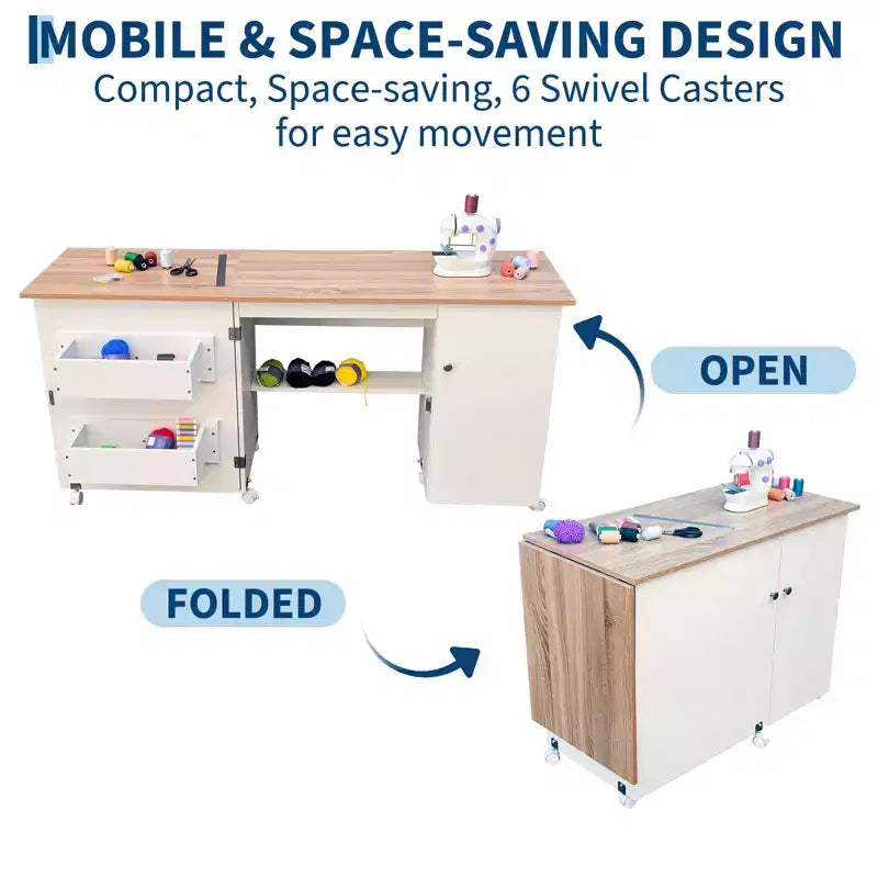 Table de couture pliante avec rangement, grande table pour machine à coudre avec étagères et roulettes verrouillables, bureau d'artisanat multifonctionnel pour la maison et l'atelier