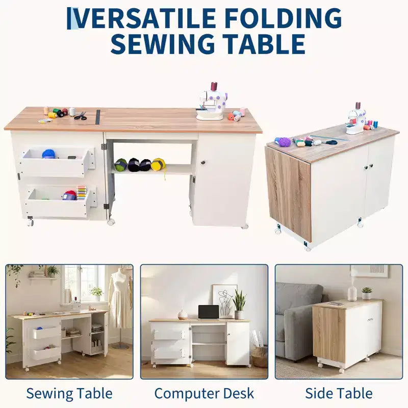 Table de couture pliante avec rangement, grande table pour machine à coudre avec étagères et roulettes verrouillables, bureau d'artisanat multifonctionnel pour la maison et l'atelier