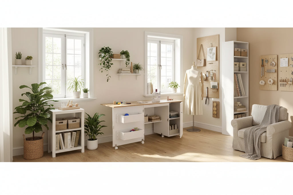 Folding Sewing Table with Storage, Large Sewing Machine Table with Shelves & Lockable Wheels, Multi-Functional Craft Desk for Home, Workroom