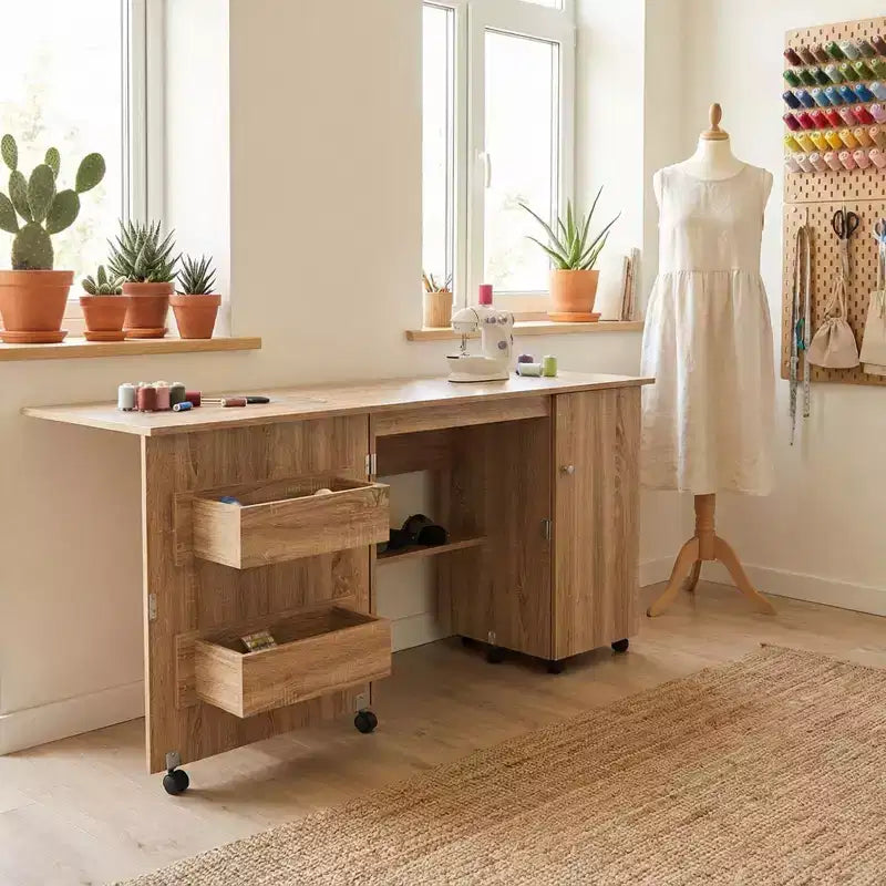 Table de couture pliante avec rangement, grande table pour machine à coudre avec étagères et roulettes verrouillables, bureau d'artisanat multifonctionnel pour la maison et l'atelier