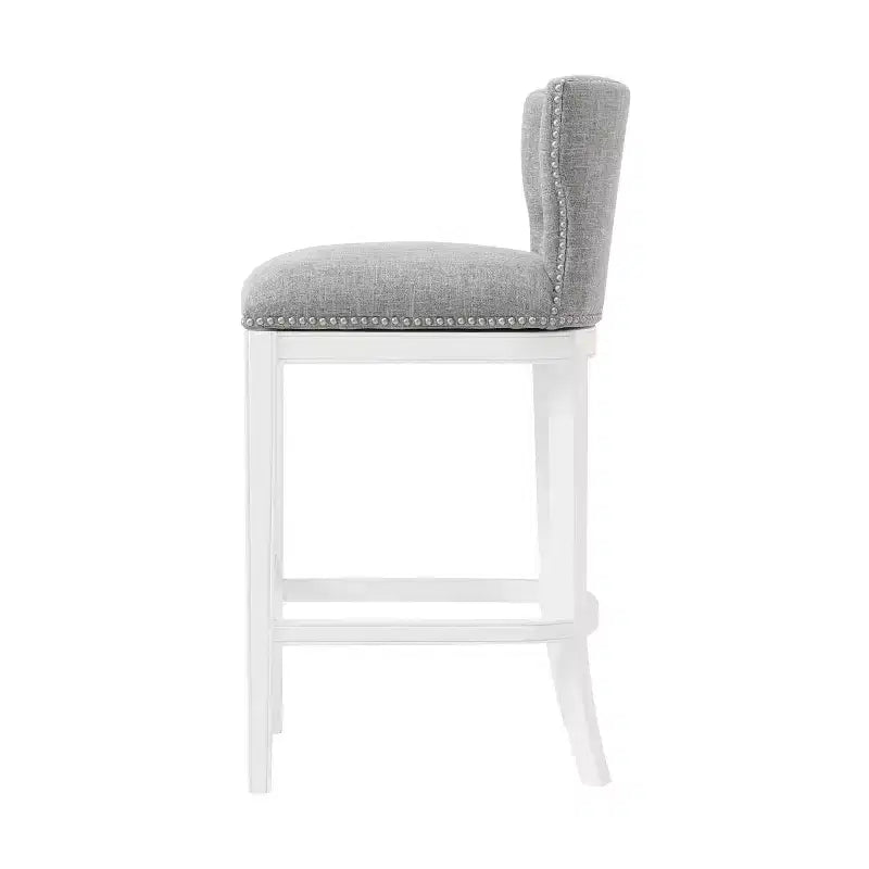Tabouret de bar pivotant Miranda, hauteur comptoir, blanc : dossier rembourré, clouté