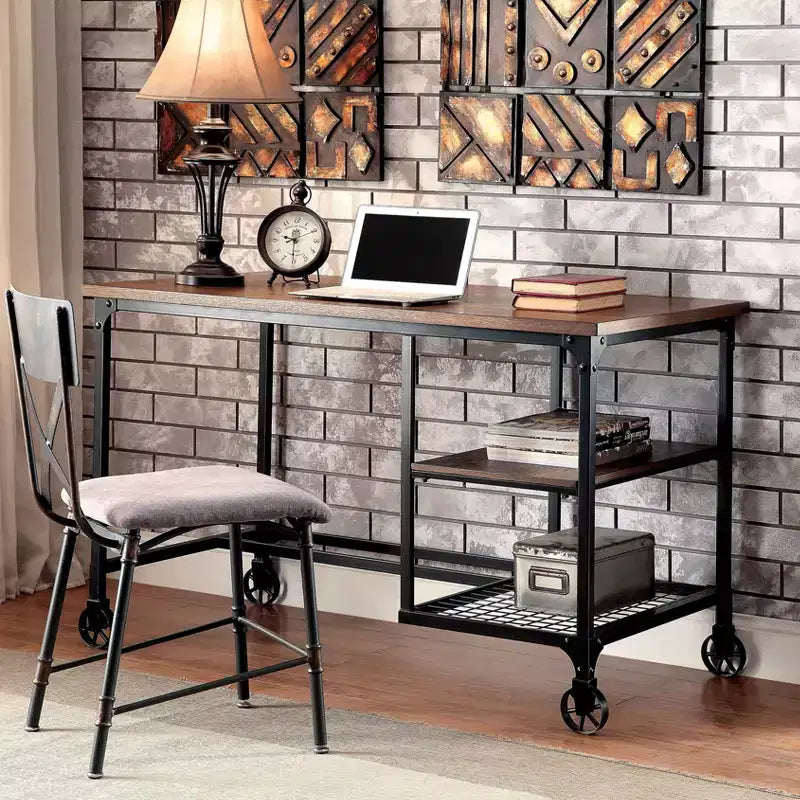 Bureau d'ordinateur industriel noir antique de 48 po - Poste de travail mobile avec étagère ouverte
