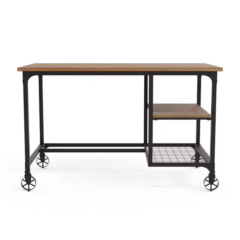 Bureau d'ordinateur industriel noir antique de 48 po - Poste de travail mobile avec étagère ouverte