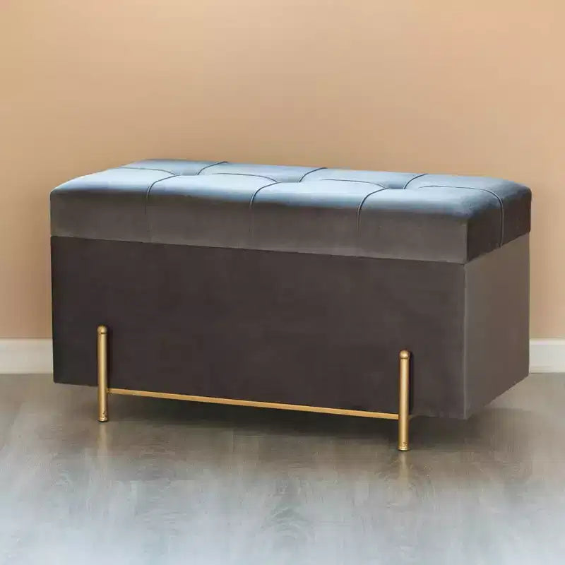 Grand pouf de rangement rectangulaire en velours avec pieds dorés | Banc d'assise pour la décoration de la maison du salon avec support cylindrique doré