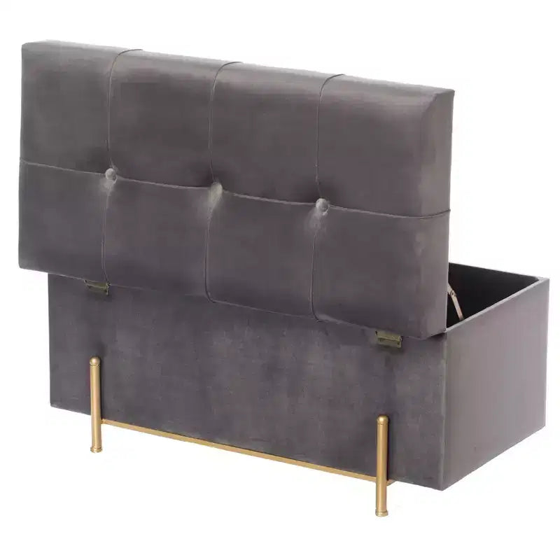 Grand pouf de rangement rectangulaire en velours avec pieds dorés | Banc d'assise pour la décoration de la maison du salon avec support cylindrique doré